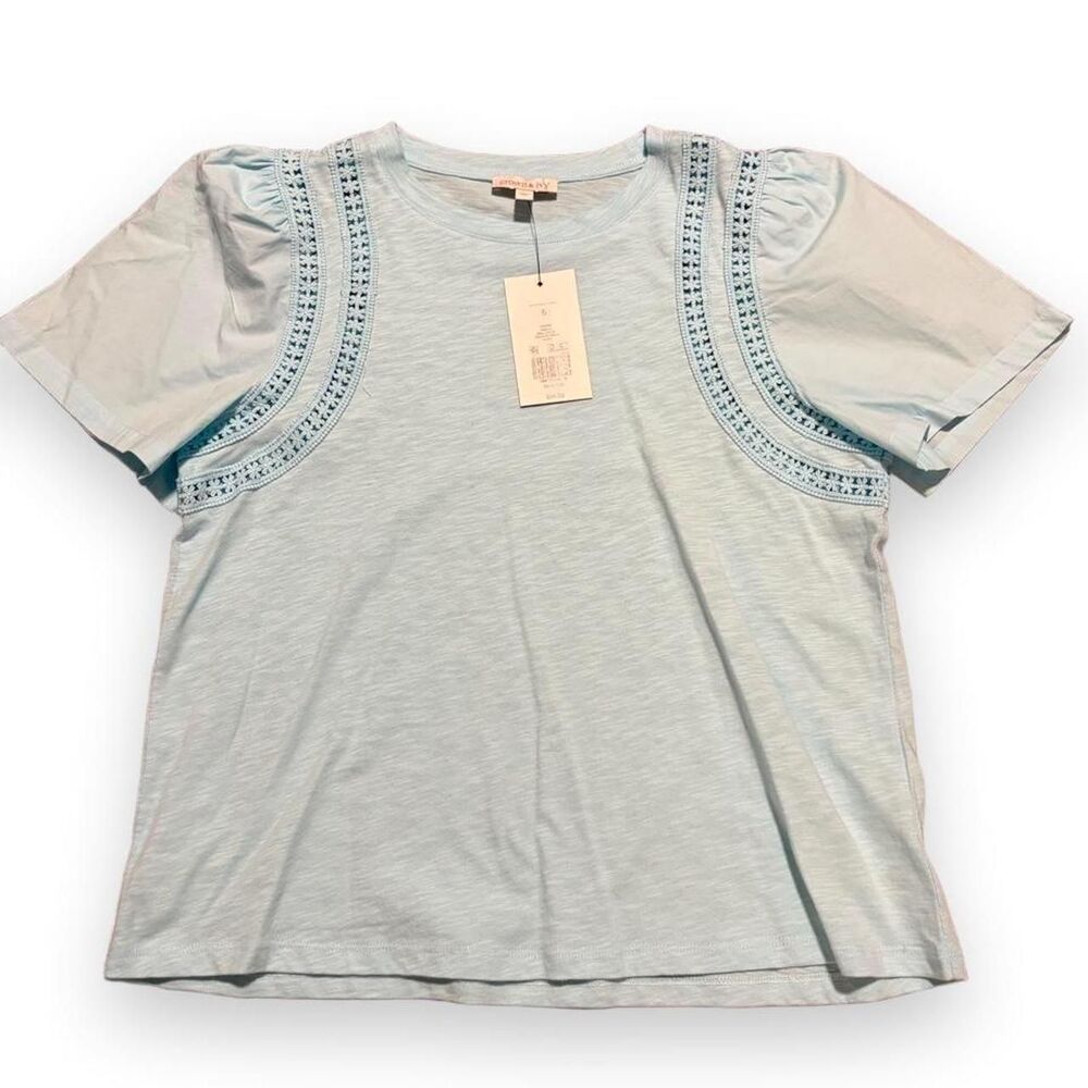 Crown & Ivy Light Blue Puff Sleeve Embroidered Top S